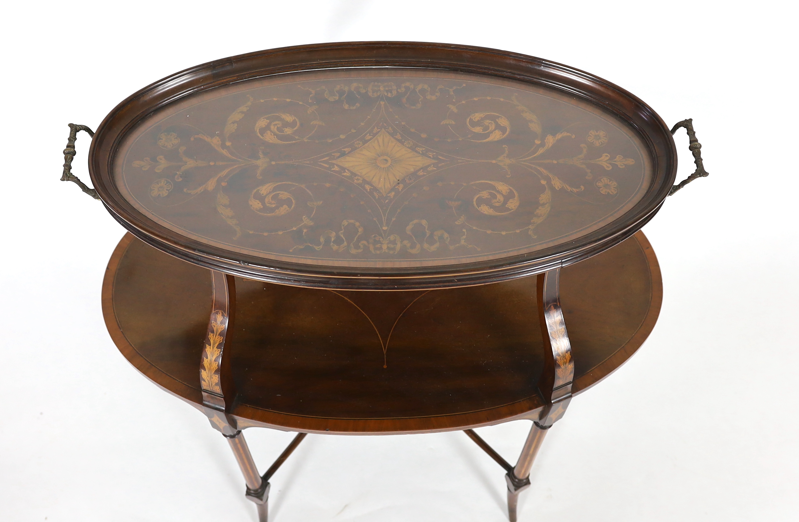 In the manner of Edwards and Roberts, an Edwardian marquetry inlaid mahogany tray top etagere, 82cm wide, 47cm deep, 87cm high